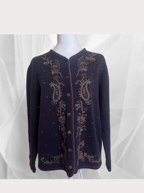 Koret Navy blue Cardigan with Burgundy Trim and Multicolor Floral Embroidery